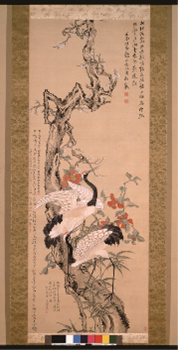 絹本著色歳寒三友雙鶴図