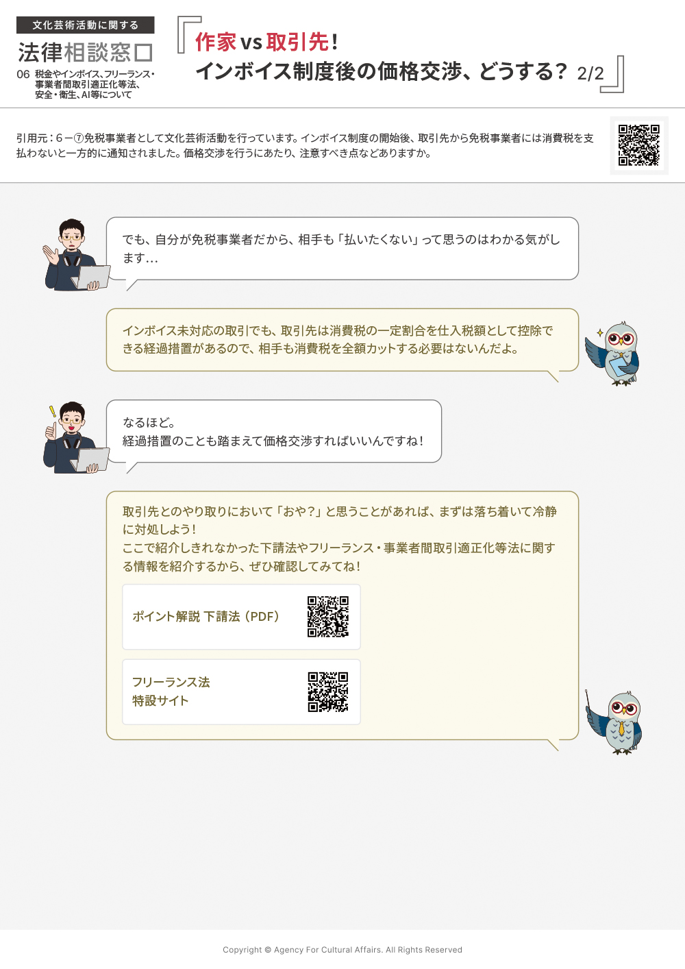 免税事業者として文化芸術活動を行っています。インボイス制度の開始後、取引先から免税事業者には消費税を支払わないと一方的に通知されました。価格交渉を行うにあたり、注意すべき点などありますか。